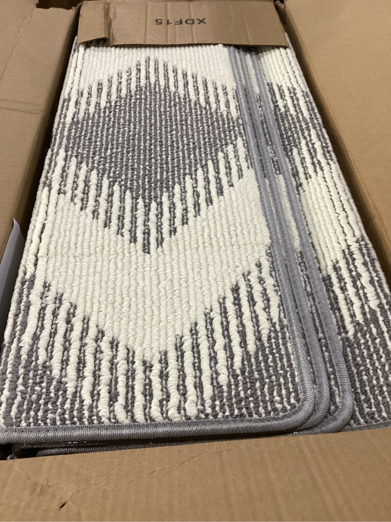 Condition photo showing New/Like New for Bullnose Stair Carpet Treads, Set of 15 Step Carpet for Stairs Non Slip, 30"x9.5"x1.7" Peel and Stick Stair Treads Bullnose with Tape, Bullnose Stair Treads for Wooden Steps, Grey and Beige 30"x9.5"x1.7" Grey and Beige 15