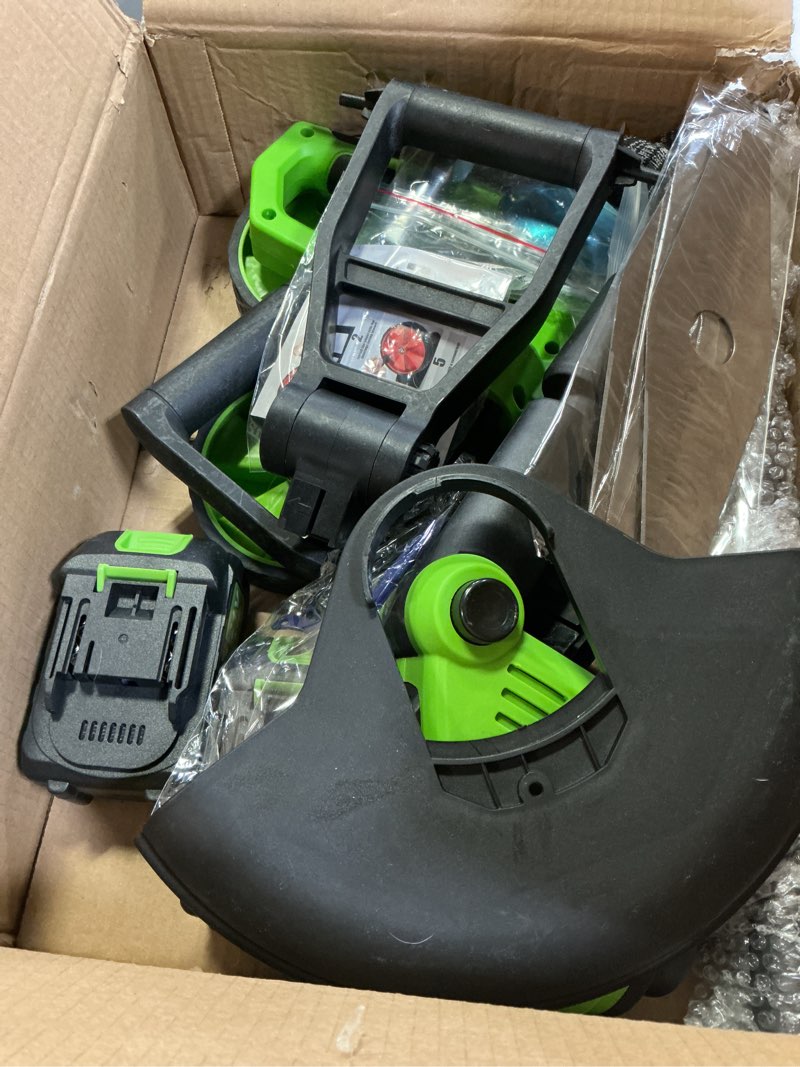 Condition photo showing As Is for 12-inch cordless weed wacker with wheels, 20000 rpm battery powered stringless weed eater, 6000mah batteries, brushless motor, 90° adjustable head, handle, lightweight powerful grass trimmer edger green