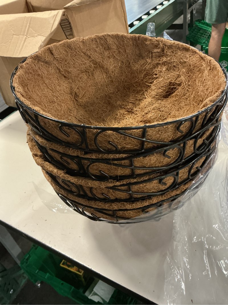Condition photo showing As Is for 4 pack hanging planter for outdoor plants 14 inch metal hanging flower basket with coco coir liner round wire plant holder chain flower pots outdoor garden decoration watering hanging baskets?hb? 14" x 4 pack flower border