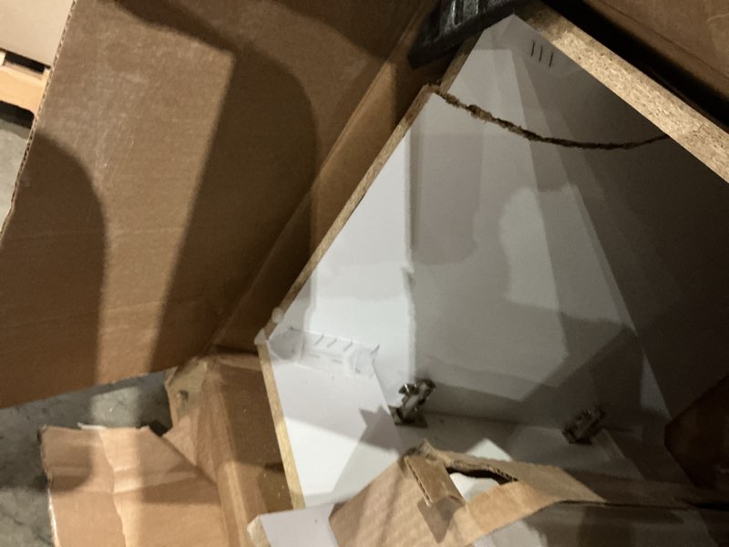 Condition photo showing As Is for 1k+ bought last week project source dover 30-in true white single sink bathroom vanity with white cultured marble