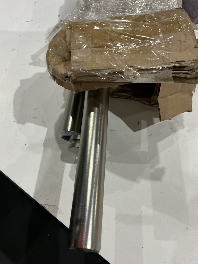 Condition photo showing Good Condition for double curtain rods with aluminum bouquet brackets and round finials,brushed nickel curtain rods for windows 72 to 144 inch,1-inches front and 5/8 inches back double window drapery rod 72-144" brushed nickel