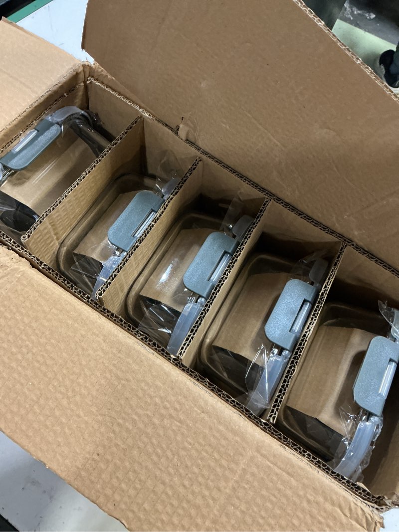 Condition photo showing New/Like New for [10-pack] glass meal prep containers with lids, mcirco food storage containers with snap locking lids, airtight lunch containers, microwave, oven, freezer and dishwasher gray