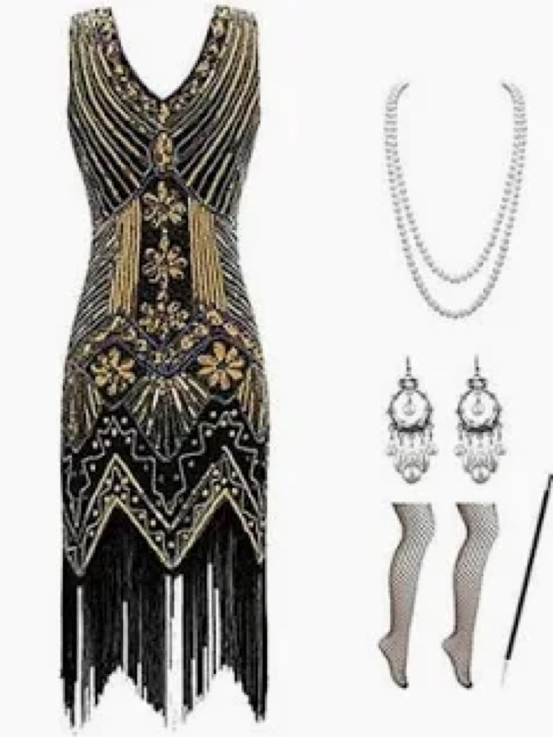 elecland 1920s v neck sequin beaded fringed dress with 20s accessories set (black and gold (style 2)