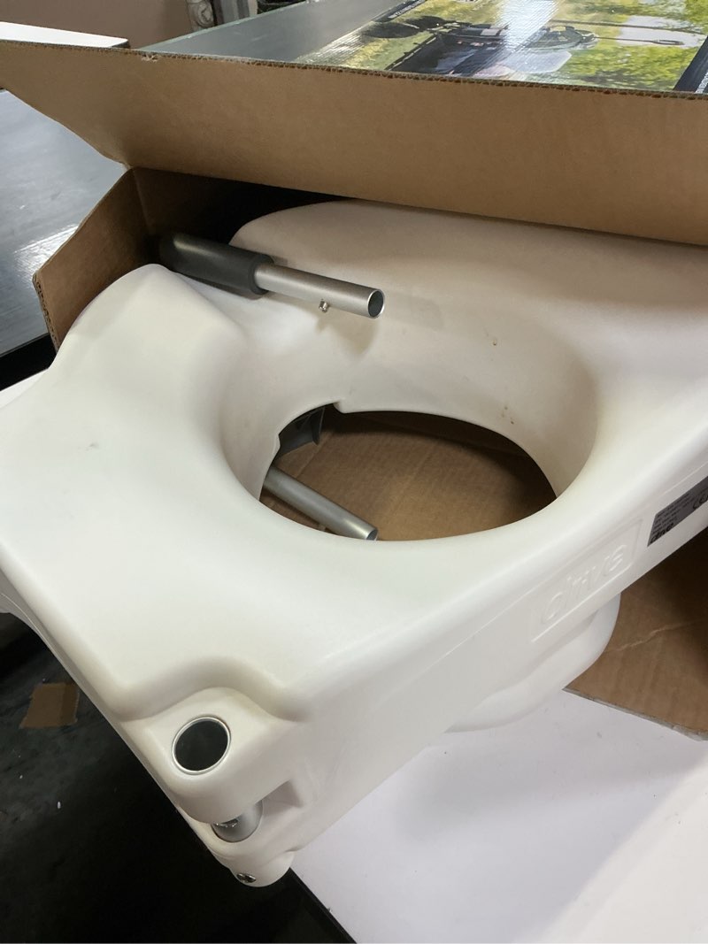 Condition photo showing As Is for Drive Medical 2-in-1 Raised Toilet Seat with Removable Padded Arms - Elevated Bathroom Safety Support - Secure Locking Attachment - Easy Height Assistance - Durable Plastic Construction Standard