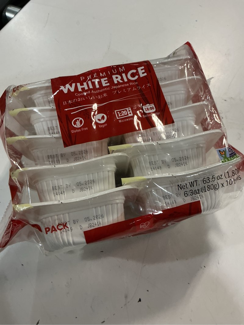 Condition photo showing New/Like New for (best by:05/2026)iris instant white rice (10 pack), ultra premium japanese short grain sushi sticky rice, microwave for 80 seconds, non-gmo gluten free vegan, grown polished and packed in japan 10-pack