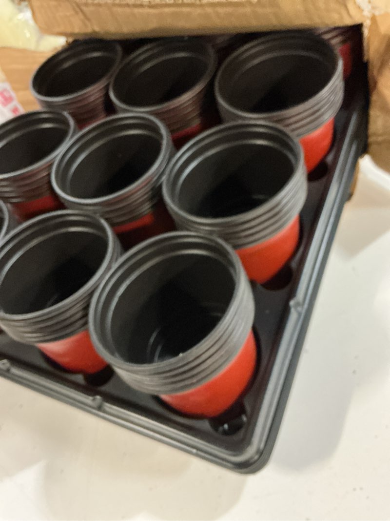 Condition photo showing New/Like New for 4 inch round nursery pots 60pcs, 12 cell nursery pots trays 5 pcs, sturdy seeds starting germination shuttle carrying trays, small planter nursery propagation 5 sets red + black 4 inch 60 pack pots with 5 pack trays