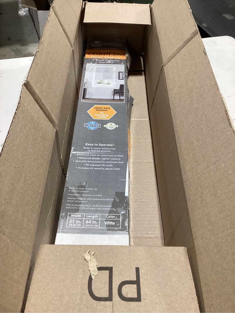 Condition photo showing Good Condition for cordless room darkening mini blind - 27 inch width, 64 inch length, 1" slat size - pearl white - cordless gii deluxe sundown horizontal windows blinds for interior by achim home decor white 27"w x 64"h