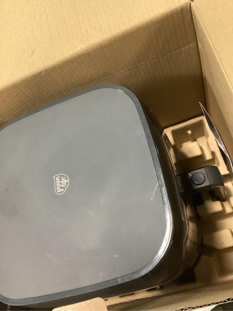 Condition photo showing Good Condition for greenlife compact electric air fryer oven, 5.3 qt, pfas-free ceramic nonstick drawer, 8 one touch digital display, easy view window, auto shut-off timer, dishwasher safe parts, 1500 watts, graphite