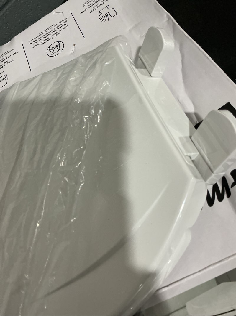 Condition photo showing As Is for american standard mightytuff plastic white elongated soft close toilet seat