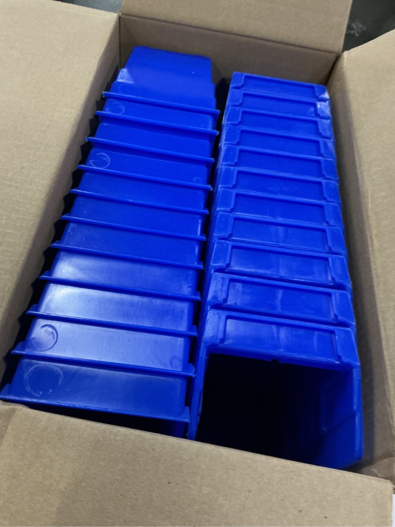Condition photo showing Good Condition for akro-mils 30120 plastic shelf bins, heavy duty storage bins for garage, closet, and drawer organization, 12" x 4" x 4", blue, 24-pack