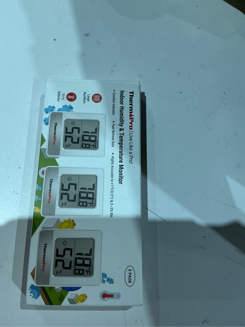 Condition photo showing As Is for thermopro tp49 3 pieces digital hygrometer indoor thermometer humidity meter mini hygrometer thermometer with temperature and humidity monitor outdoor and room thermometer 3 oyster white