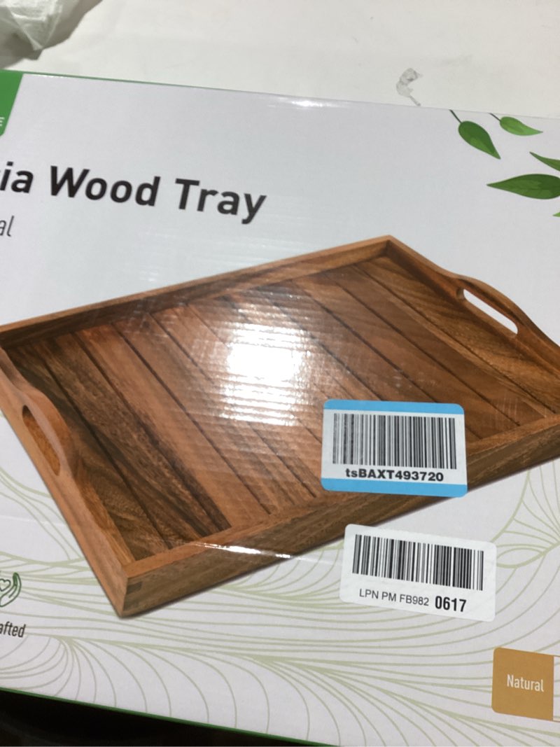 Condition photo showing New/Like New for Large Acacia Wooden Serving Tray with Handles 20 x 14 inch Decorative Coffee Table Ottoman Tray for Living Room Extra Large for Kitchen Dinner Food Bar Breakfast in Bed (Color Natural) 20" x 14" x 2.4" Natural Wood