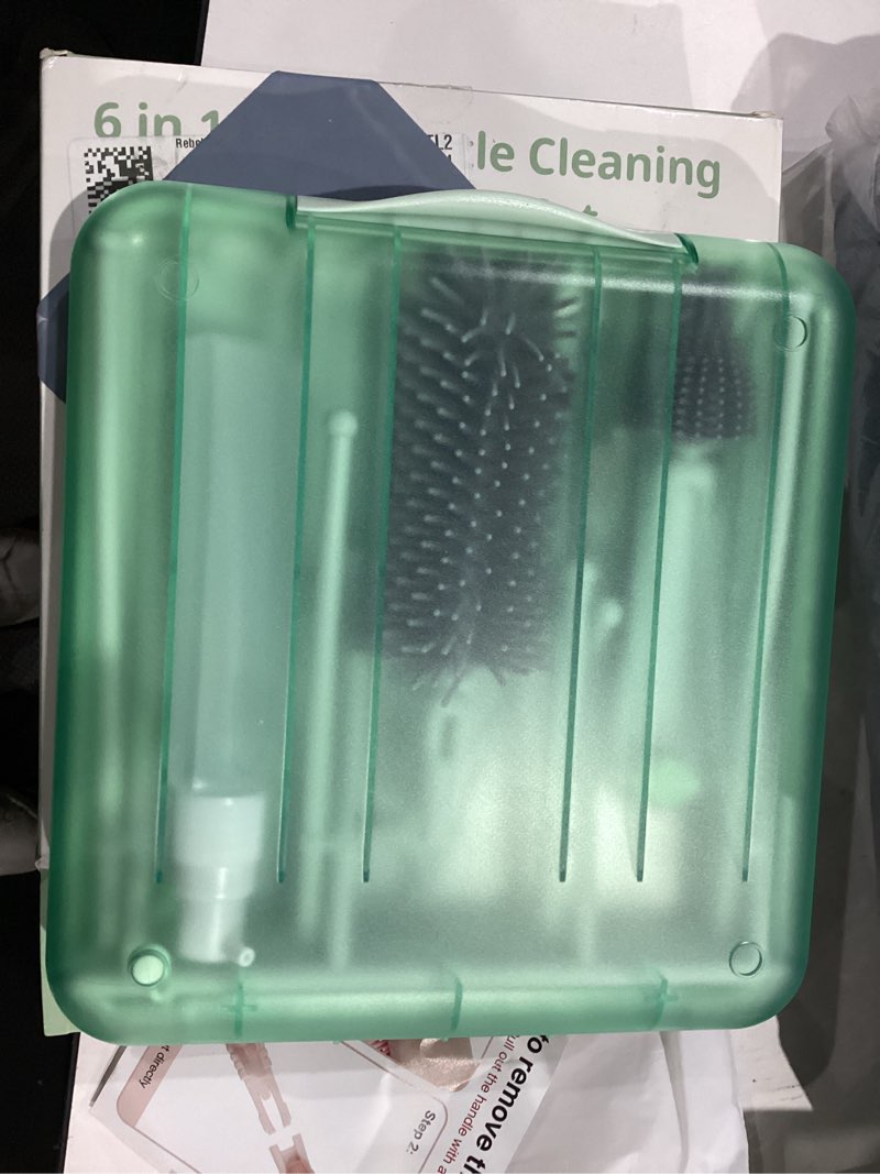 Condition photo showing Good Condition for bottle brush set -baby travel essential-6 in 1 bottle cleaner kit with silicone bottle brush,nipple cleaner brush,straw brush,soap dispenser,storage box,bottle drying rack for home and travel(green)