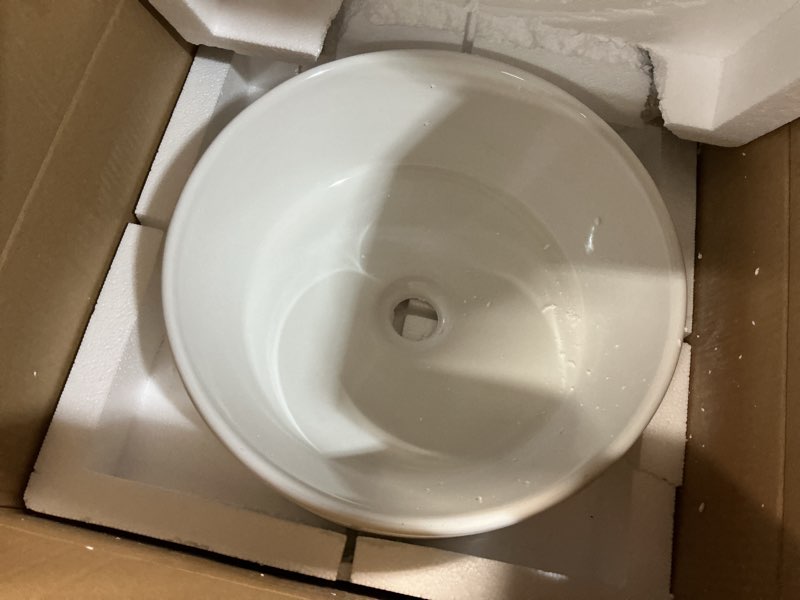 Condition photo showing New/Like New for White Round Vessel Sink, BoomHoze 16"x16" Modern Countertop Circle White Porcelain Ceramic Bathroom Sink Above Counter Art Washing Basin