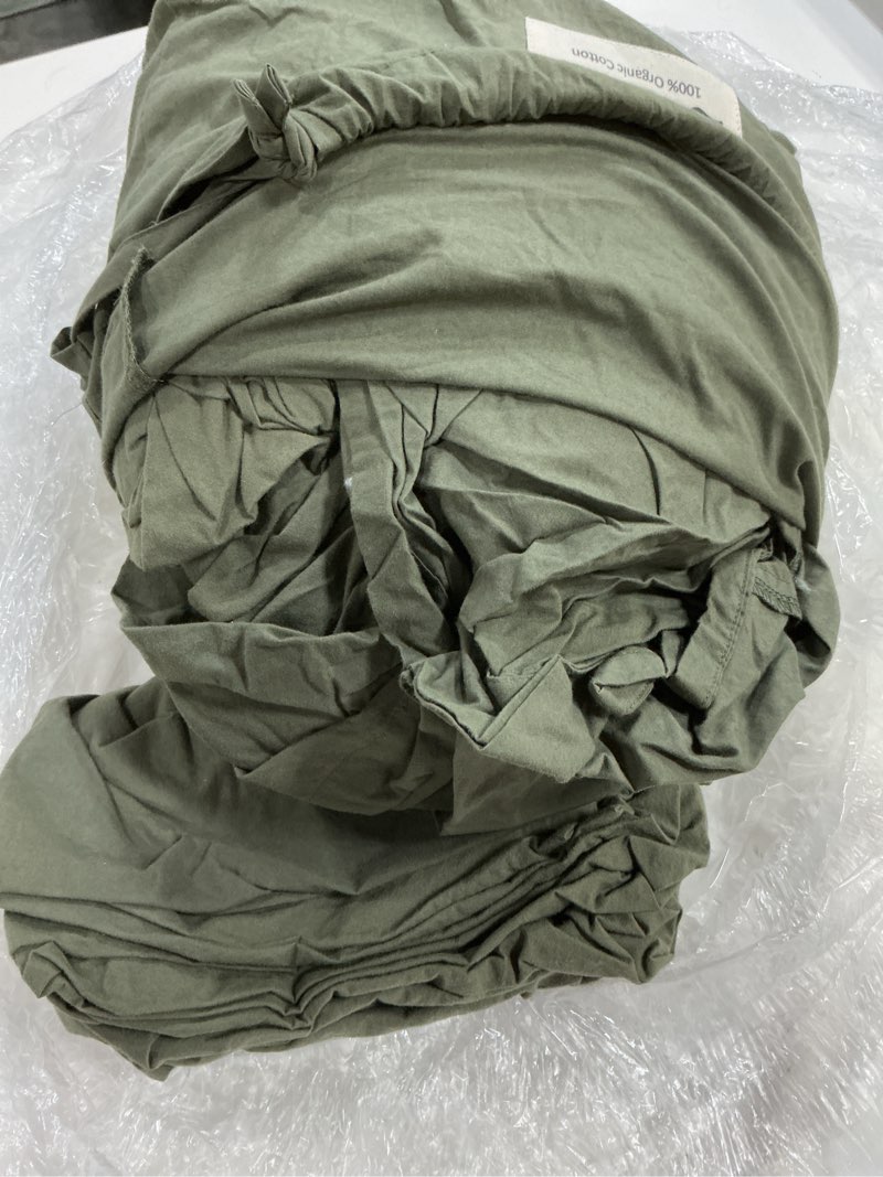 Condition photo showing As Is for organic brushed cotton duvet cover set, full/queen, dusty olive