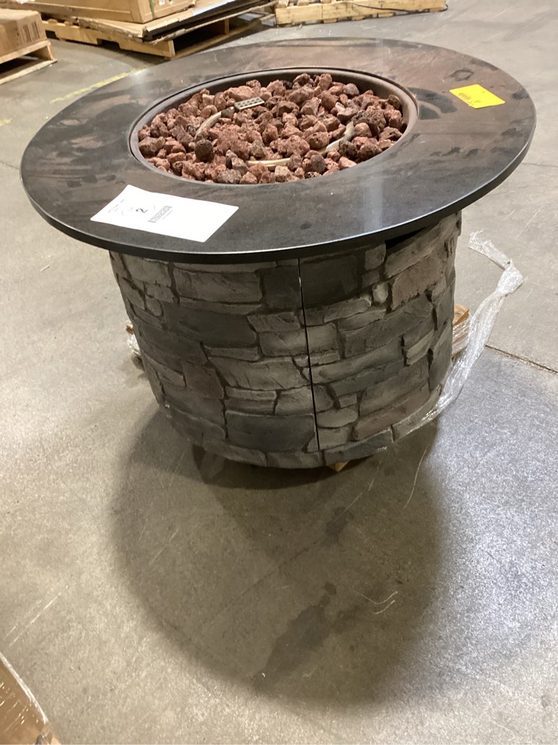 Condition photo showing As Is for allen + roth stacked stone fire table 36.20-in w 50000 maximum btus composite roun