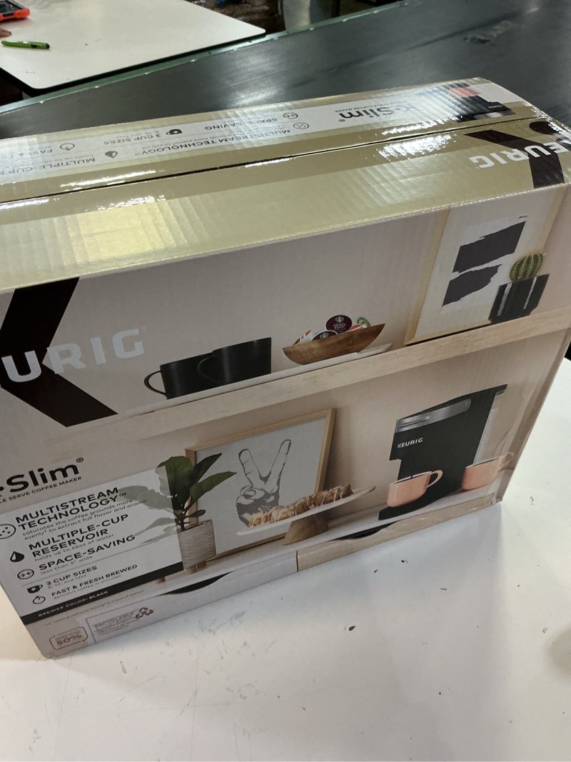 Condition photo showing New/Like New for keurig k-slim single serve k-cup pod coffee maker, multistream technology, 3 brew sizes, slim and sleek design, 46oz removable reservoir, black