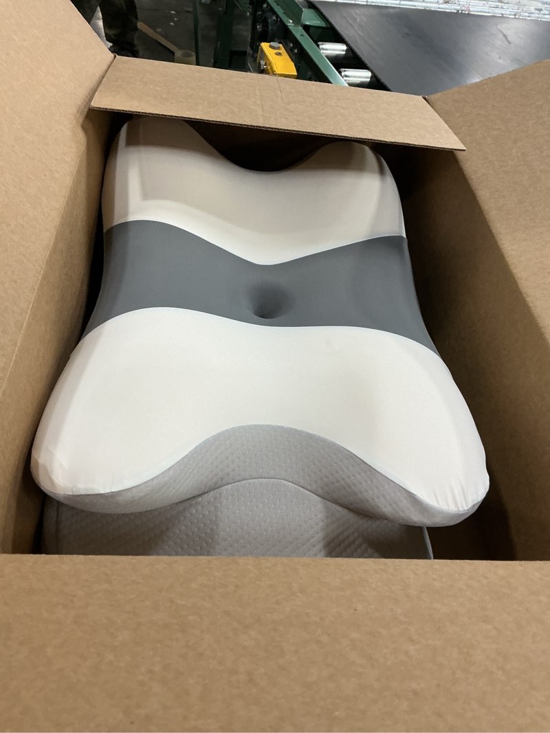 Condition photo showing Good Condition for Cervical Neck Pillow for Pain Relief - Ergonomic Side Sleeper Pillow for Neck Support, Cooling Memory Foam Pillows for Sleeping, Contour Pillow Orthopedic Bed Pillow for Back Stomach Sleepers White & Grey