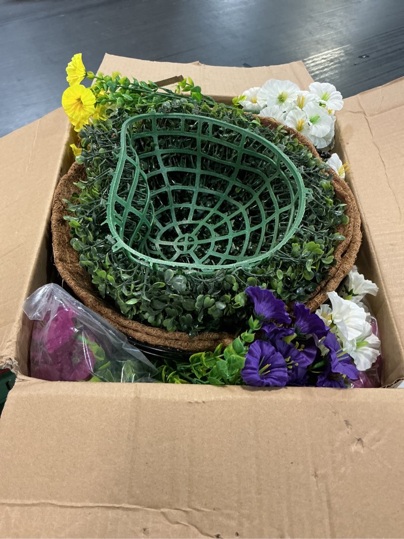 Condition photo showing Good Condition for ivydale artificial silk hanging plants flowers basket for outdoor outside summer decoration, fake faux uv sun resistant look real morning glory fuchsia for porch patio balcony home