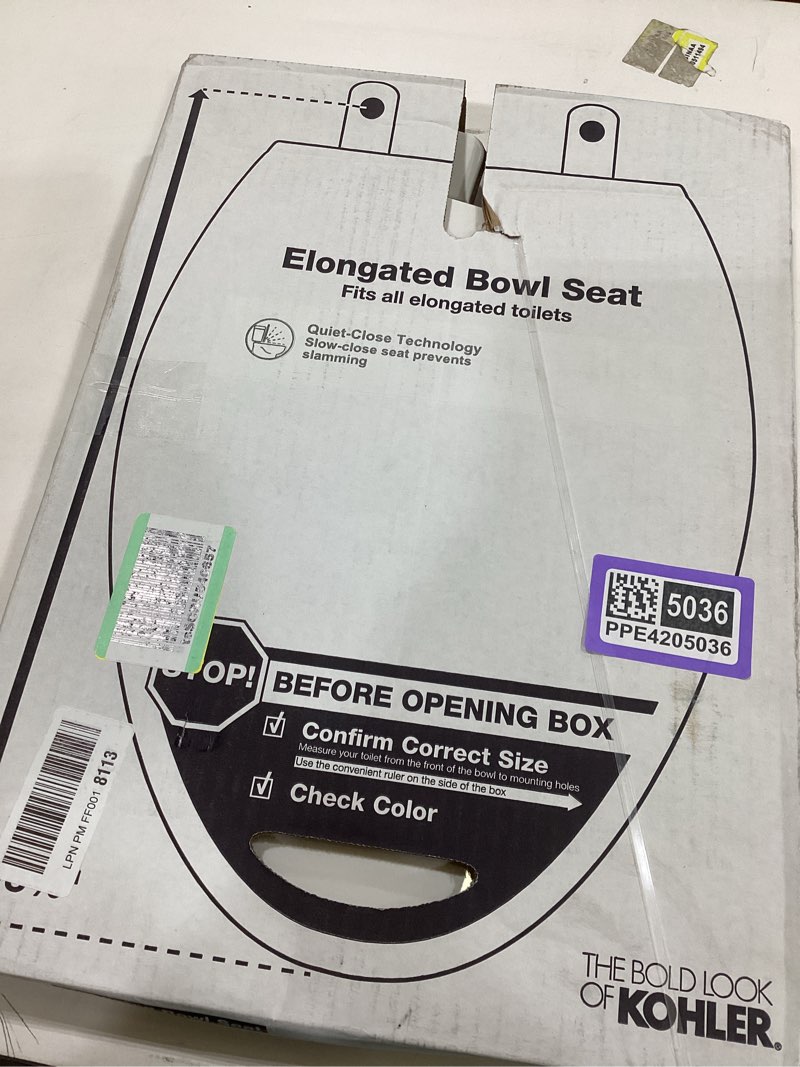 Condition photo showing As Is for kohler k-20110-0 brevia elongated toilet seat with grip-tight bumpers, quiet-close seat, quick-attach hardware, white