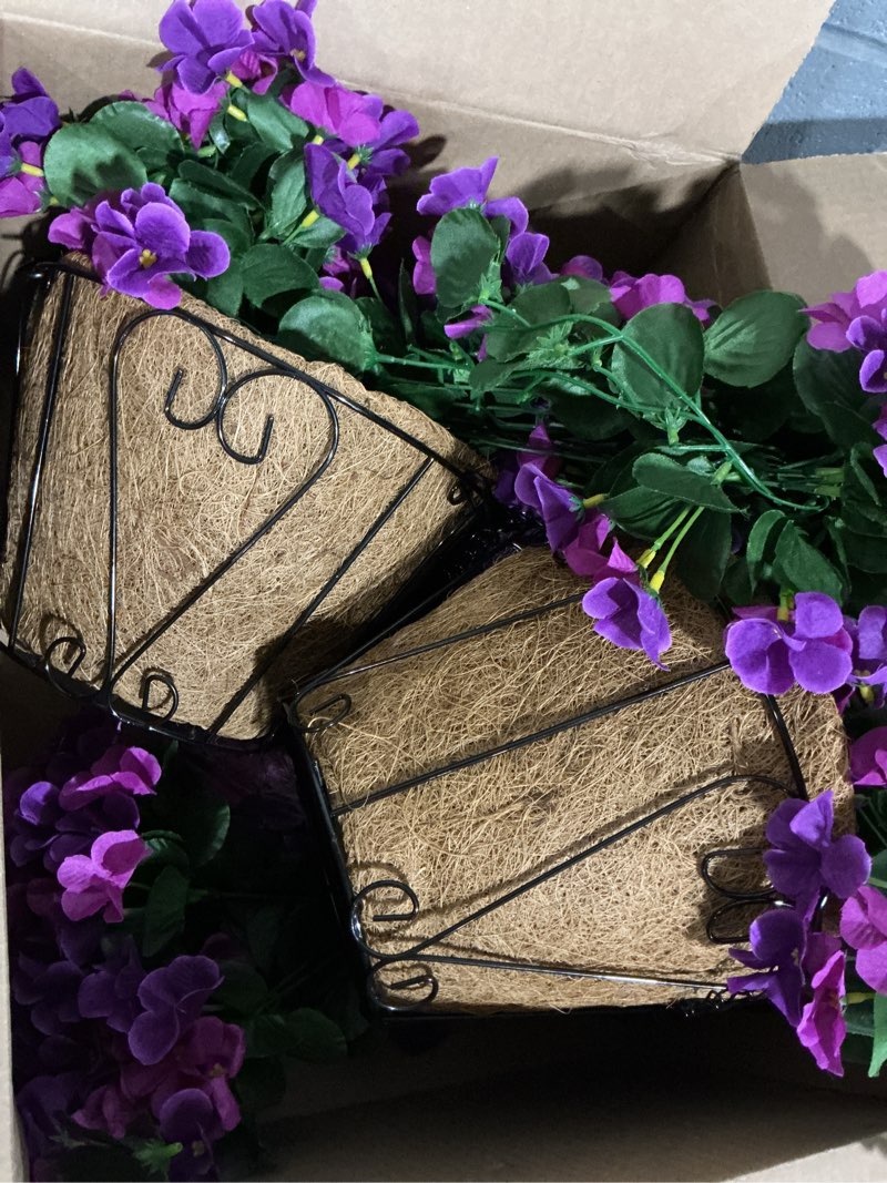 Condition photo showing As Is for artificial hanging flowers with basket for outdoor garden spring decoration,faux silk begonia in planter look real uv resistant for outside home porch patio balcony yard decor(light purple)