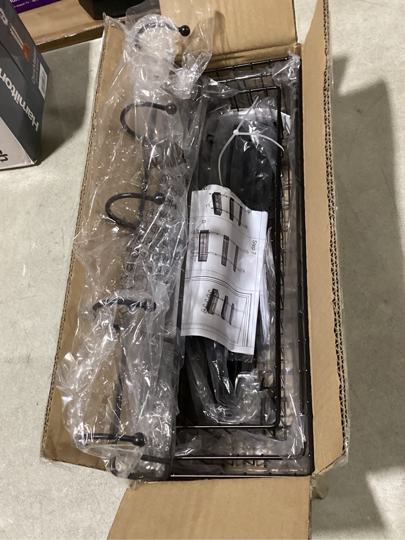 Condition photo showing As Is for ybing over the door organizer with hooks 3 tier back towel hanger baskets metal behind hanging storage shelf pantry racks for bedroom bathroom black, r01-r984
