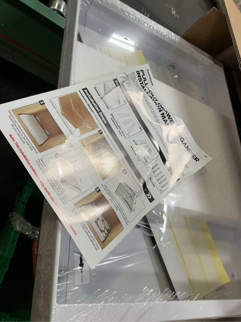 Condition photo showing Good Condition for 2 Pack Pull Out Cabinet Organizers 16.5" Deep With Raising Pad for Framed Cabinets,Expandable Slide Out Drawers Upgrade 3 Slide Rails,Roll Out Shelves,Adjustable Width 12.1"-20.45" White