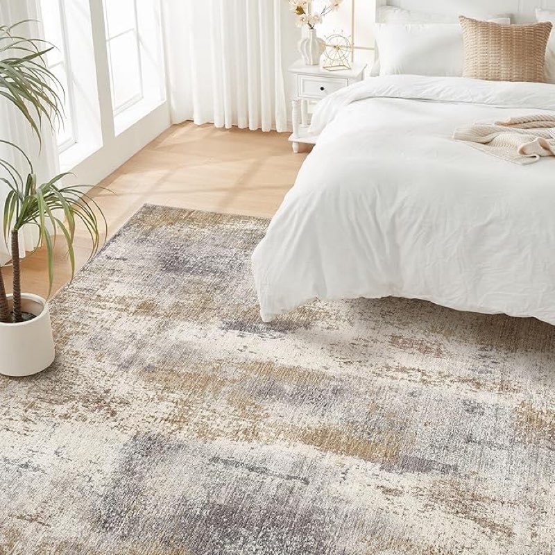 dmoyest area rug living room rugs - washable soft indoor neutral modern abstract low pile rug carpet for bedroom dining room farmhouse home office - brown grey