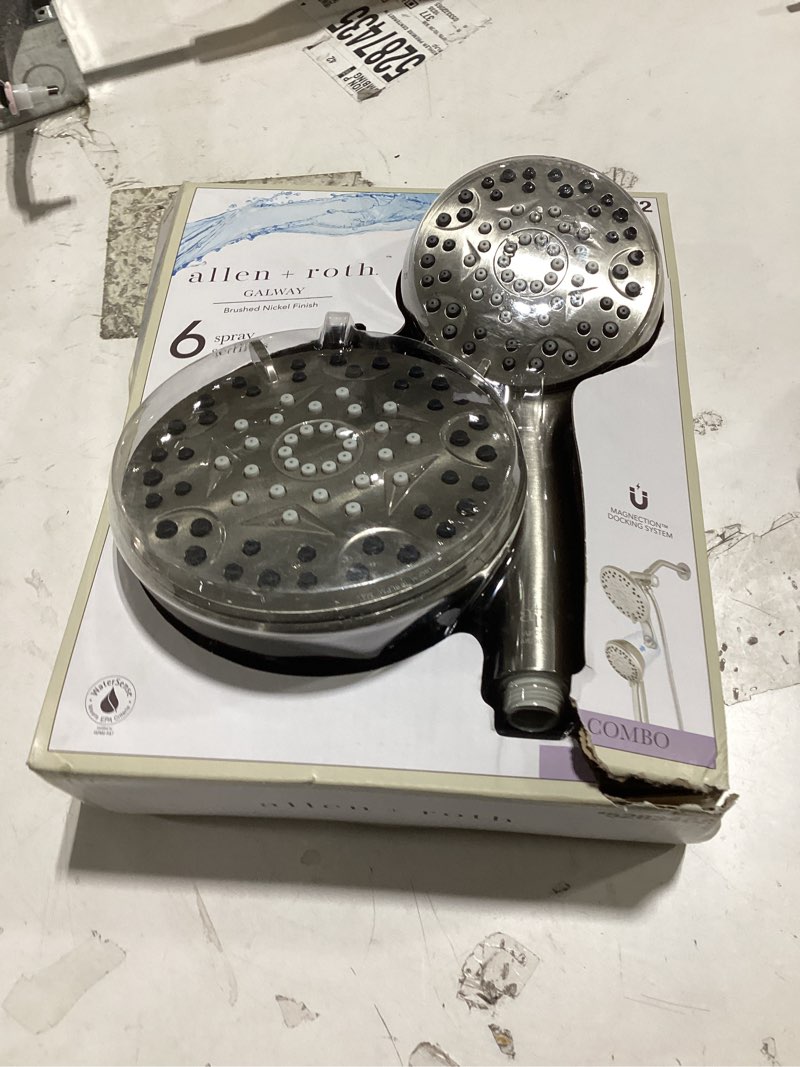 Condition photo showing As Is for 100+ bought last week allen + roth galway 6 -spray brushed nickel 5-in round shower head with handheld combo 1.8