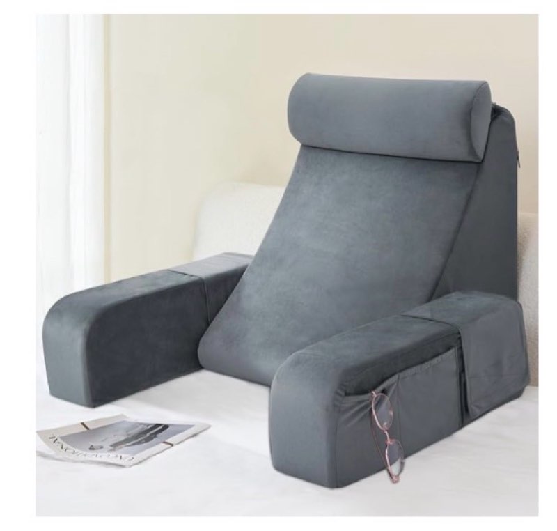 (Similar to stock photo) ENITYA Reading Pillow for Sitting in Bed Adult, 19\" Back Support Pillow for Bed Sitting up, Backrest Cushion for Reclining,Gaming,Resting,Watching TV in Couch or Floor, Wedge with Arms, Medium(Grey)