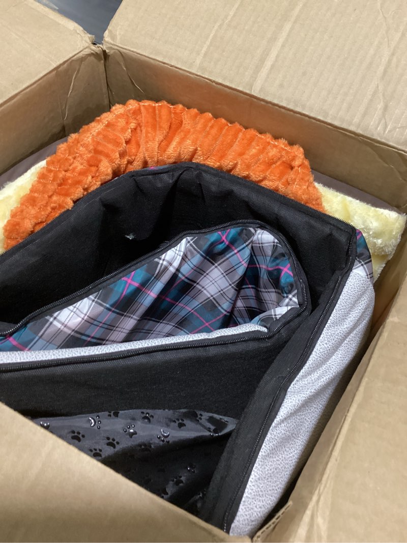Condition photo showing As Is for Dog Bed,2 Ways to Use,Indoor Pet House with Fluffy Mat,Removable and Washable Cover,Splash-Proof House and Non-Slip Bottom,for Large Dogs(2XL Plaid & Gray) 2XL(Pets up to 88 lbs) Plaid & Gray