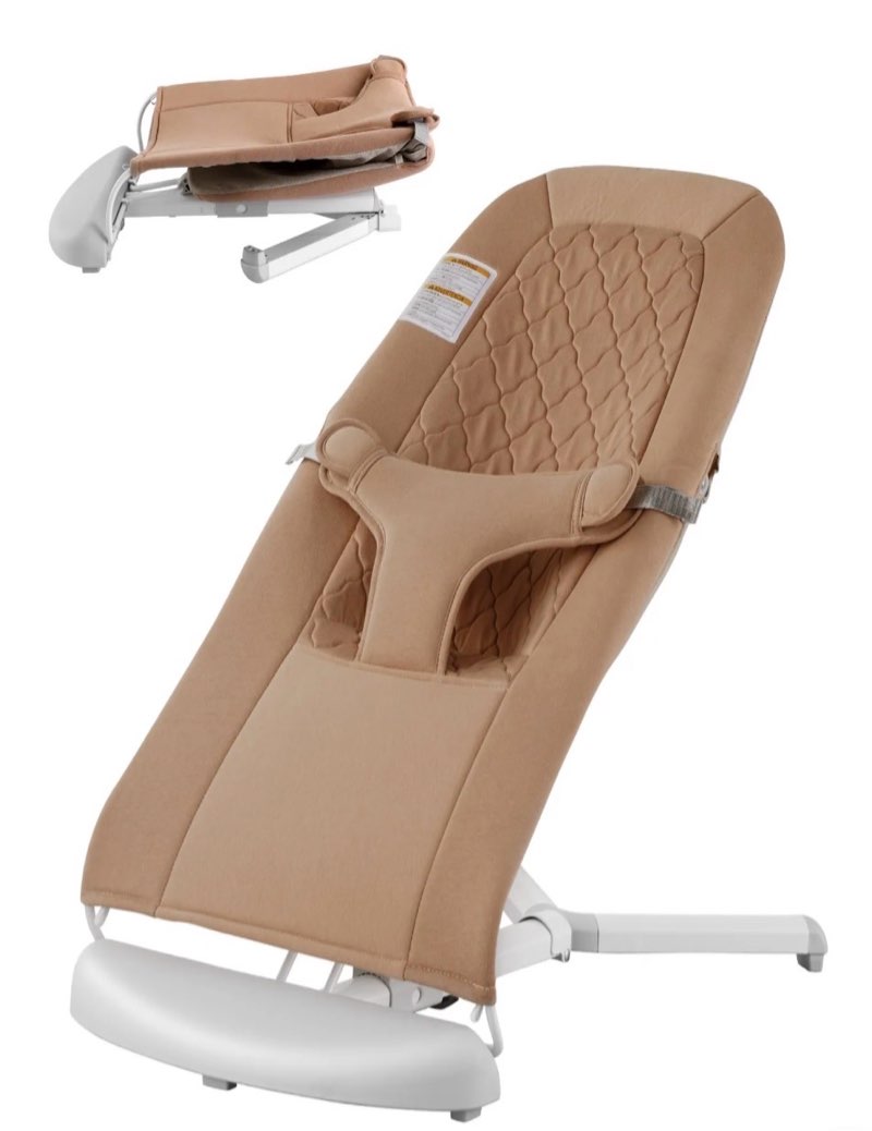 VEVOR Baby Bouncer, Folding Bouncer Seat for Babies 0-9 Months, Newborn Bouncer Chair with 2 Reclining Angles & 3-Point Harness, Portable Infant Rocker with Carrying Bag for Indoors Outdoors, Camel