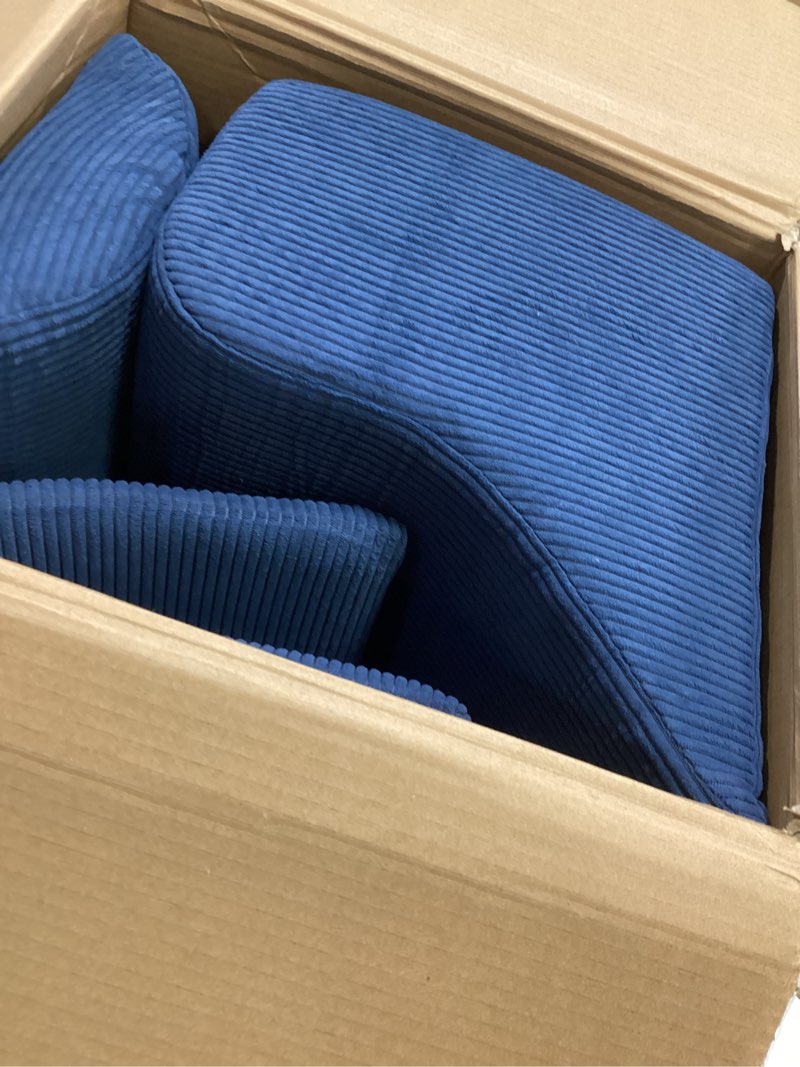 Condition photo showing As Is for yoga chairs for adults, ergonomic chaise lounge chair indoor with side pocket, lumbar pillow, ottoman, yoga chair perfect for stretching, relaxation, exercise, used in bedroom, living room (blue)