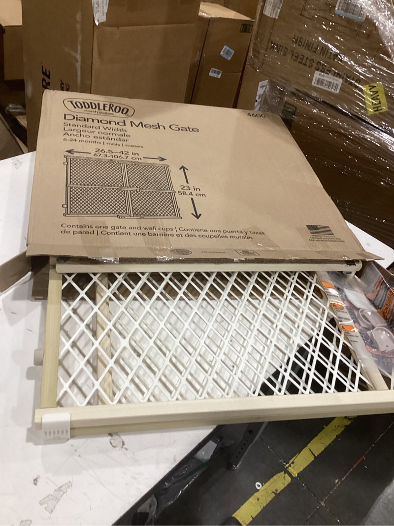 Condition photo showing As Is for toddleroo by north states - diamond mesh wooden baby gate: pressure mounted baby gate for doorways - adjustable 26.5 to 42 inches wide - 23 inches tall