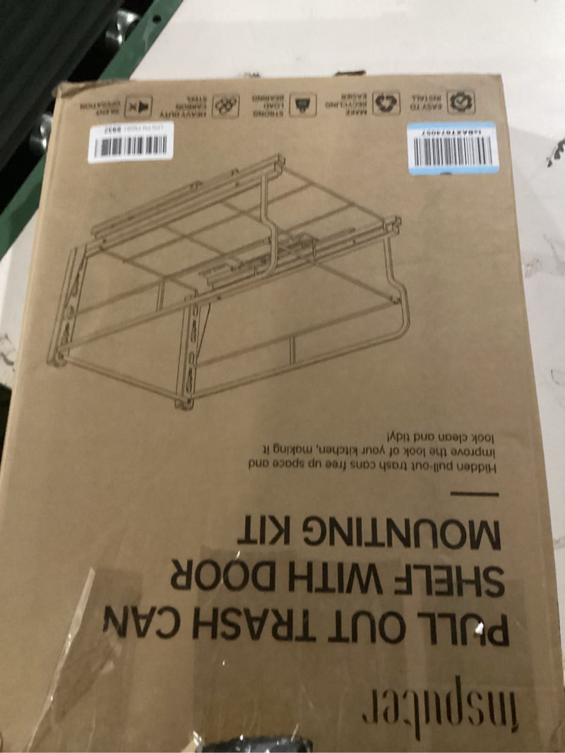 Condition photo showing New/Like New for insputer dual pull out trash can under cabinet with soft-close slides, heavy duty under sink trash can kit for kitchen sink, laundry, garbage can not included, requires 17" w x 24" d cabinets double silver