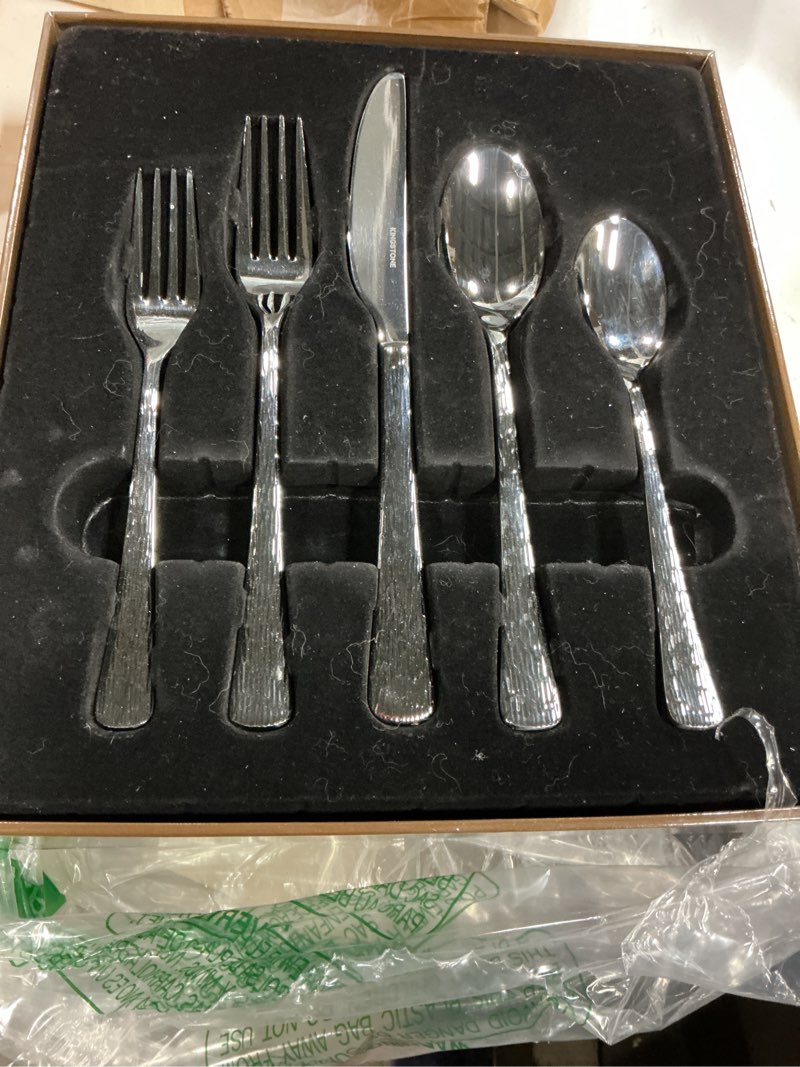 Condition photo showing New/Like New for kingstone hammered silverware set, flatware set with serving utensils, 18/10 stainless steel premium cutlery with unique ripple handles design mirror polished - dishwasher safe (65-piece) 65-piece silver
