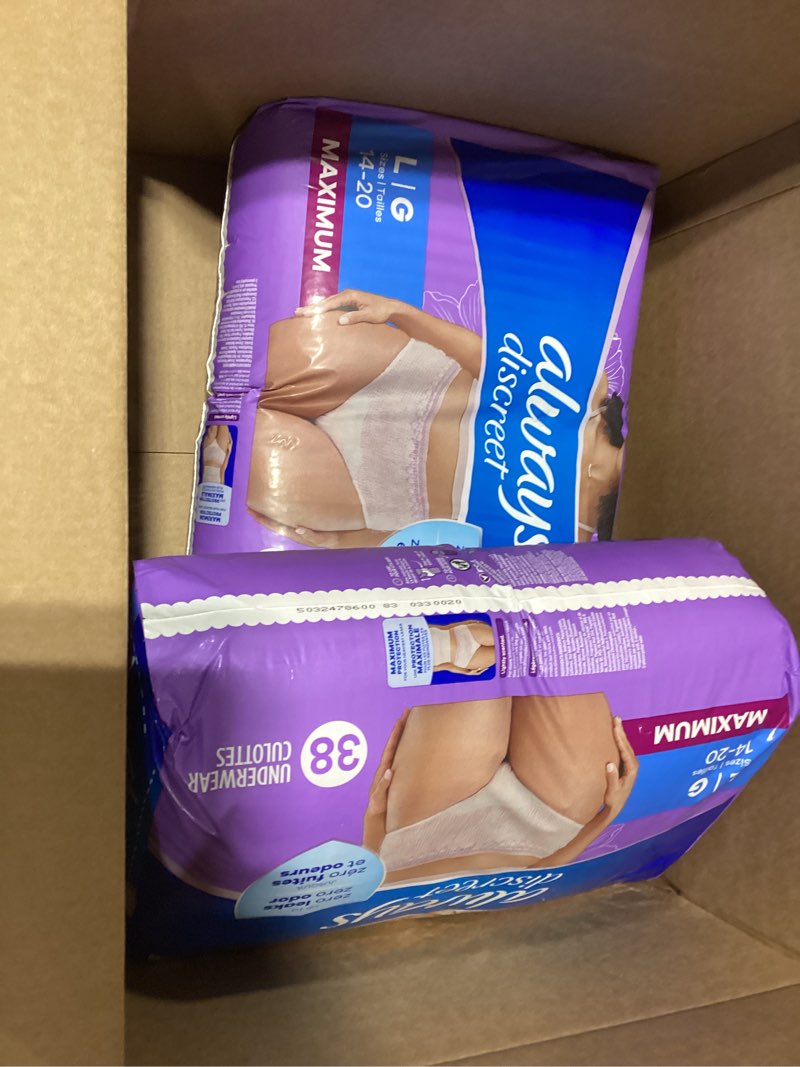 Condition photo showing New/Like New for Always Discreet Adult Incontinence Underwear for Women and Postpartum Underwear, Large, Up to 100% Bladder Leak Protection, 76 Count (2 Packs of 38) Large 76