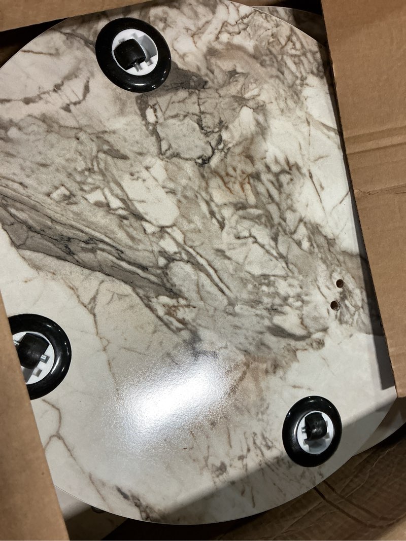 Condition photo showing Good Condition for C Shaped End Table for Couch Small Places, Faux Marble White Space Saver Round Side Table for Sofa and Bedside with Wheels, Coffee and Snack Time Tray for Living Room (White Marble)