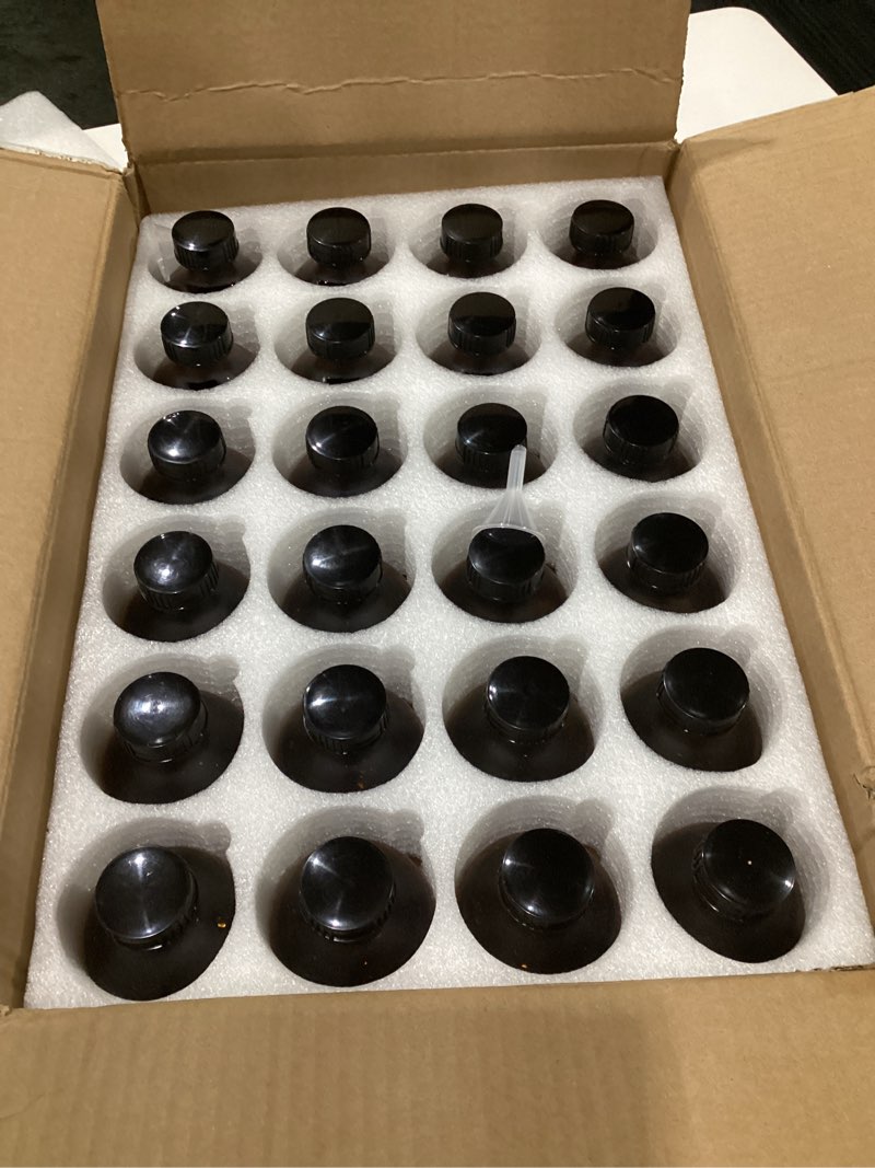 Condition photo showing As Is for 24 Pack 8oz Amber Glass Boston Round Bottles with Phenolic Polycone Caps – Airtight, Leak-Proof Brown Glass Containers for Kombucha Brewing, Storing Condiments, Essential Oils, and Homemade Solutions