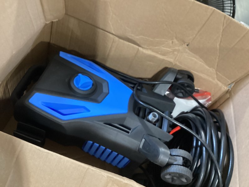 Condition photo showing As Is for 5000psi powerwasher with 4 quick connect nozzles, foam cannon for car, lane, patio cleaning blue