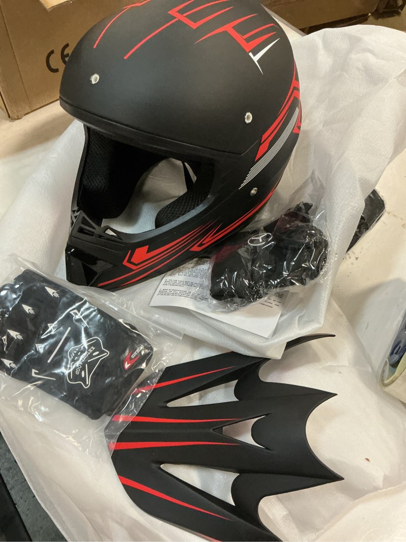Condition photo showing Good Condition for Youth Kids Dirt Bike Motocross Helmet (Goggles Gloves Face Mask) 4PCS Set, DOT Approved Boys Girls Full Face Motorcycle Helmets, ATV BMX MX Mountain Bike Off Road Kid Helmet (Red, S) RED Small