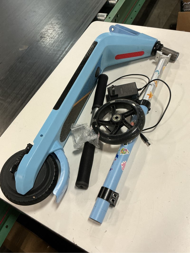 Condition photo showing As Is for electric scooter for kids age 6-10, kick-start boost scooter with adjustable speed and height, flash wheel & deck lights