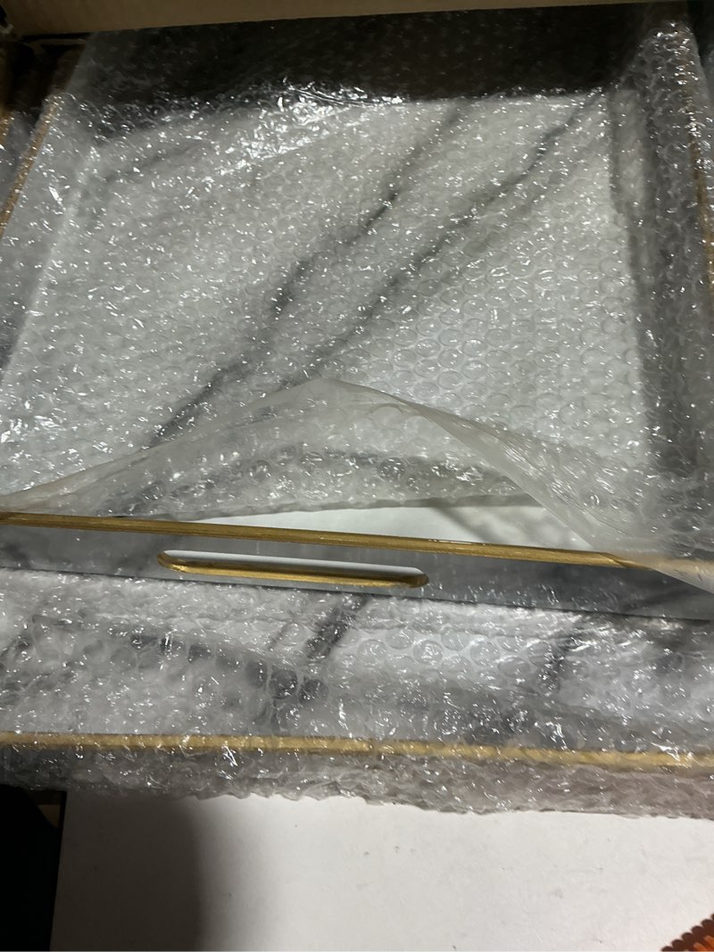 Condition photo showing Good Condition for Set of 2 Serving Tray,Plastic Marble Coffee Table Tray 18.9"x13.7"x1.6"/15.7"x11.8"x1.6" Food Trays for Eating on Lap Coffee Tray with Handles Rectangular Decorative Trays,Tea Trays for Serving Grey-white Set of 2