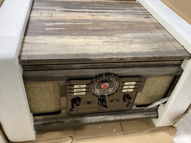 Condition photo showing Good Condition for Victrola The Quincy 6-in-1 Bluetooth Record Player & Multimedia Center with Built-in Speakers – 3-Speed Turntable, CD & Cassette Player, AM/FM Radio, Wireless Music Streaming (Farmhouse Shiplap Grey) Farmhouse Shiplap Grey Record Player