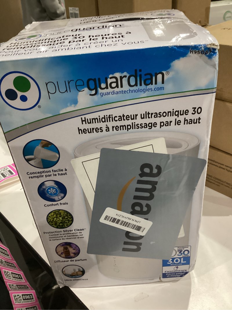 Condition photo showing Good Condition for PureGuardian 30-Hour 0.80 Gal. Top Fill Cool Mist Ultrasonic Humidifier for Home with Aromatherapy Tray, Covers 320 Sq. Ft, White, H950AR 0.8 Gallon H950AR