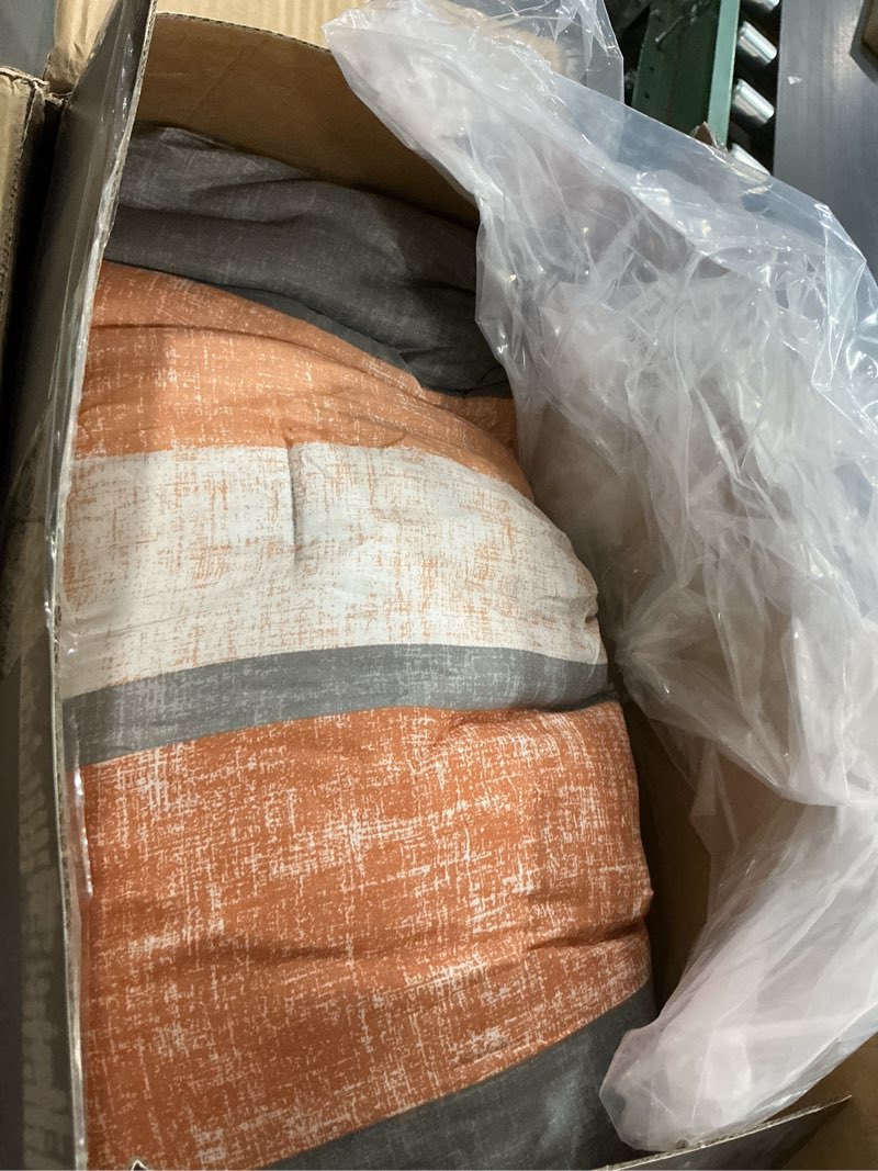 Condition photo showing As Is for madison park essentials jaxon cal king comforter set, bed in a bag comforter & sheet set, modern casual stripes print, all seasons, soft bedding makeover, matching sham, cal king coral/grey 7 piece coral/grey california king
