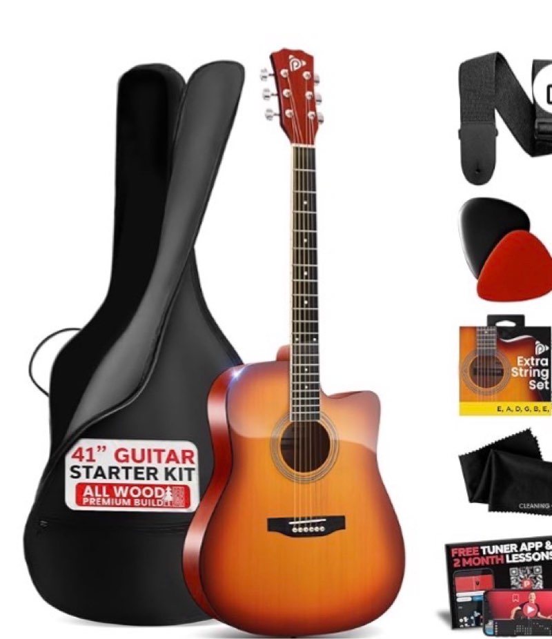pyle steel string acoustic guitar kit, 4/4 full size cutaway all-wood guitarra acustica with premium