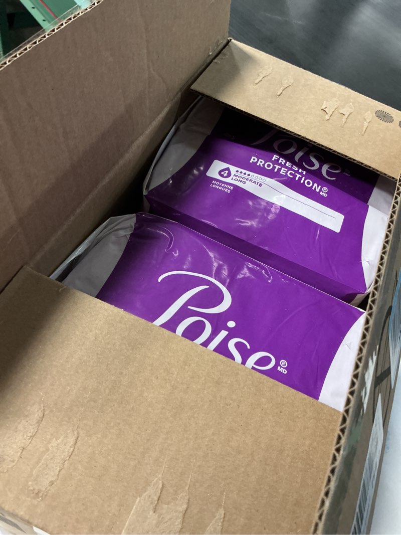 Condition photo showing New/Like New for poise incontinence & postpartum pads for bladder leaks, 4 drop moderate absorbency, long length, 108 count, packaging may vary long 108