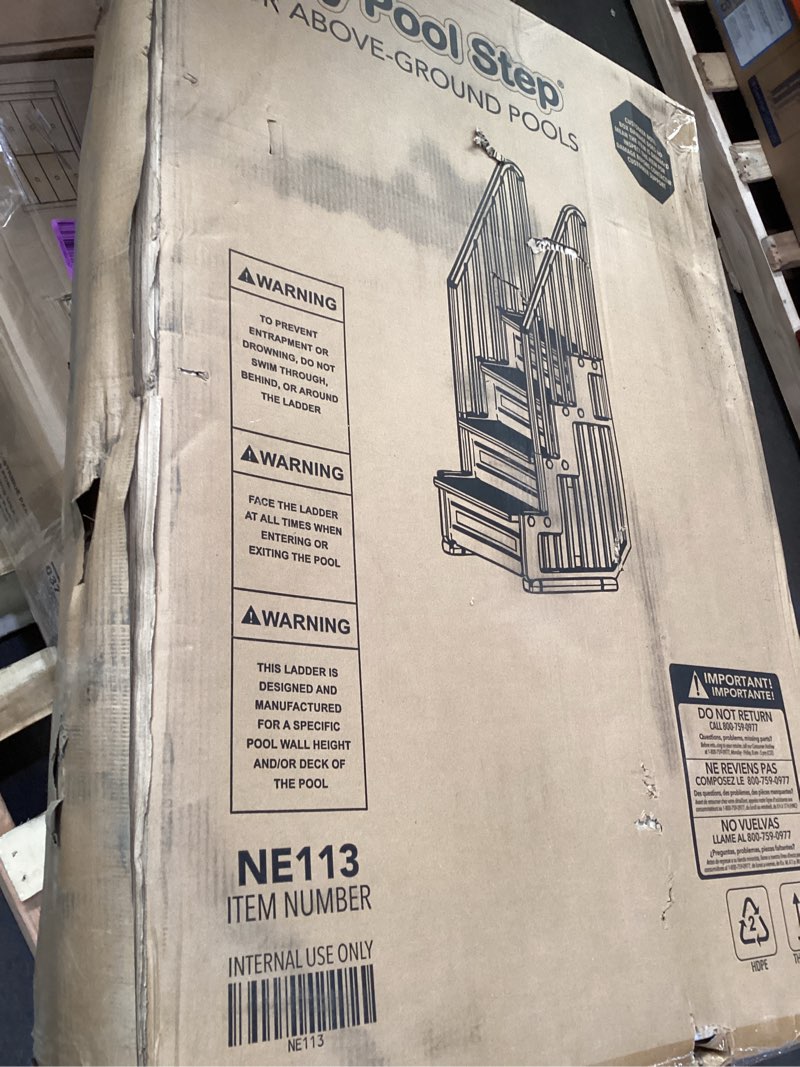 Condition photo showing As Is for blue wave a frame flip up ladder for 48 to 54-in deep above ground pools – no deck required - weather-resistant resin with non-skid treads & anti-entrapment design - easy setup, 225-lb capacity