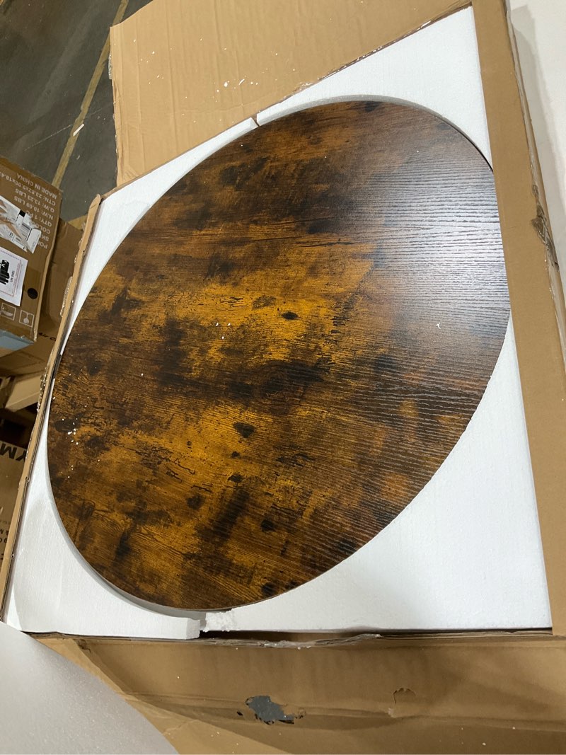Condition photo showing New/Like New for round coffee table, small circle coffee table with storage, modern wood round center table for living room, home office, small space, easy assembly, rustic brown